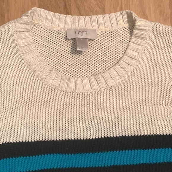 𝅺LOFT Cable-knit 3/4 Length Sleeve Sweater Cream/Black/Teal Striped Women’s M - Picture 4 of 8
